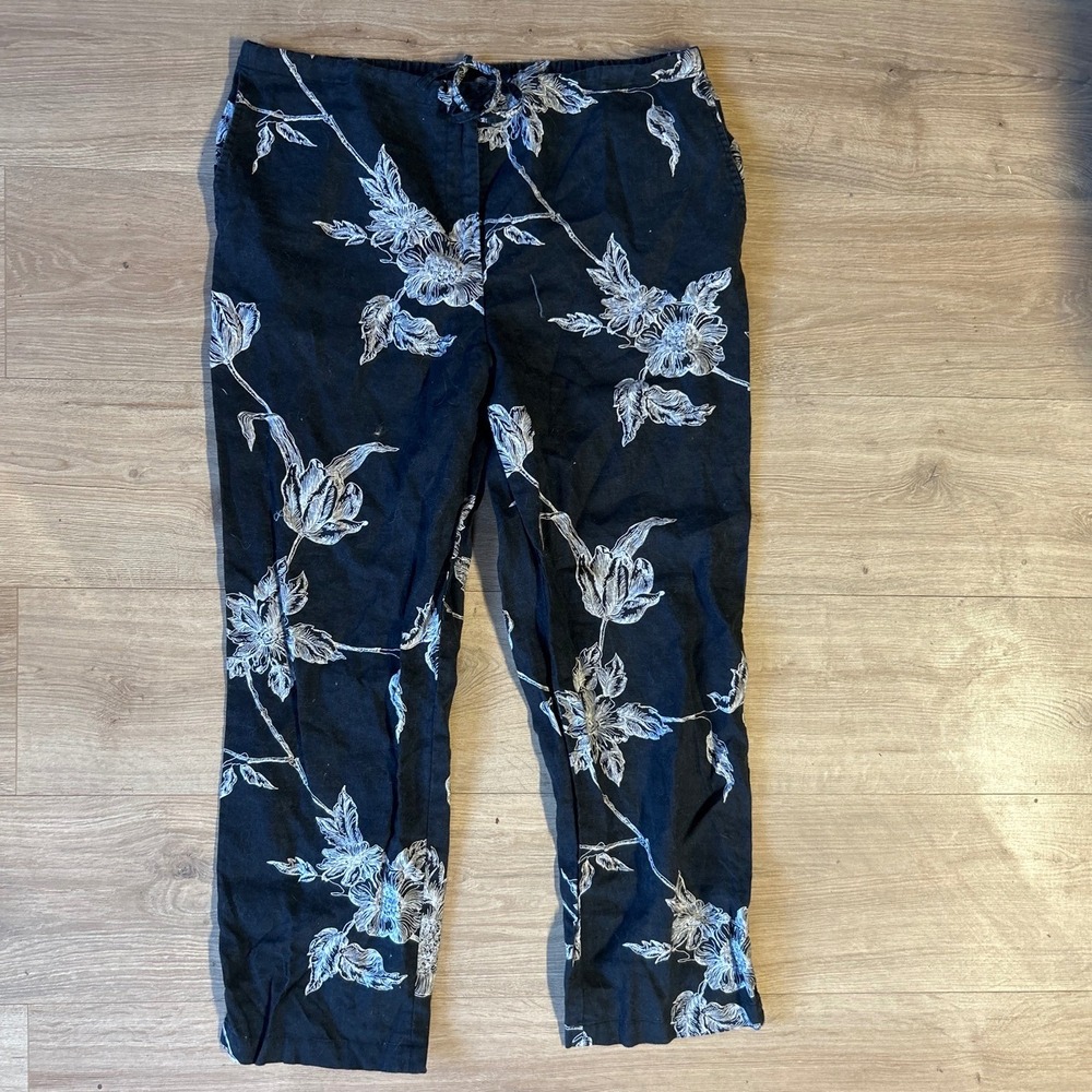 Dialogue Womens 100% Linen Floral Print Pants Black White Straight Leg Size 10